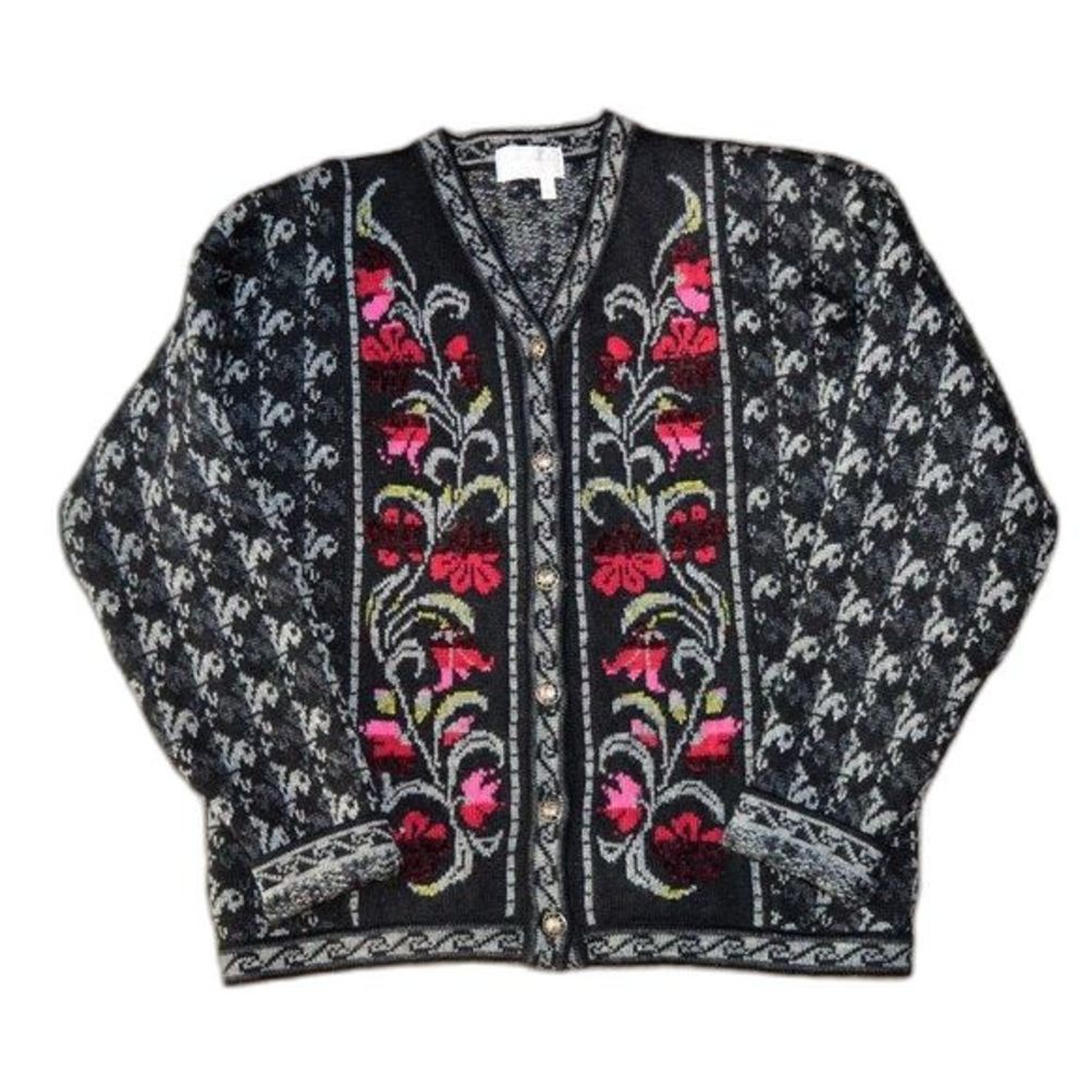 Cherry Lewis Vintage 100% Wool Floral Cardigan Cottage Sweater Small